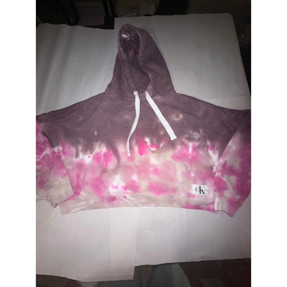 Calvin Klein Jeans Pink Purple Tie Dye Cropped Hoodie XL Pullover Sweatshirt